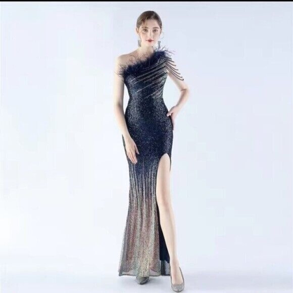 Navy, One Shoulder Beaded, Feather Neck, Sequined/ Mesh, Gradient Mermaid Gown - Picture 13 of 16